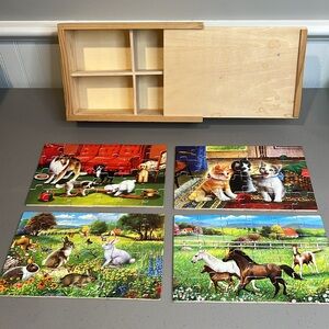 Melissa & Doug 4 Puzzles in a Wooden Box, Dogs, Cats, Horses, and Rabbits